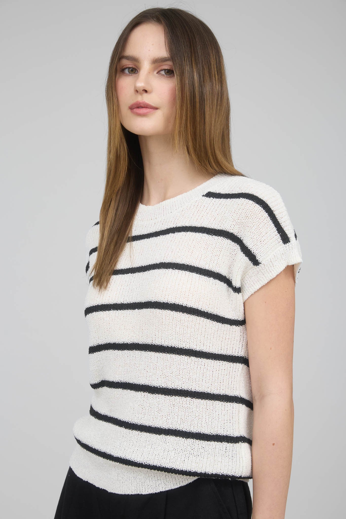 Black Stripe Extended Shoulder Short Sleeve Knit Sweater