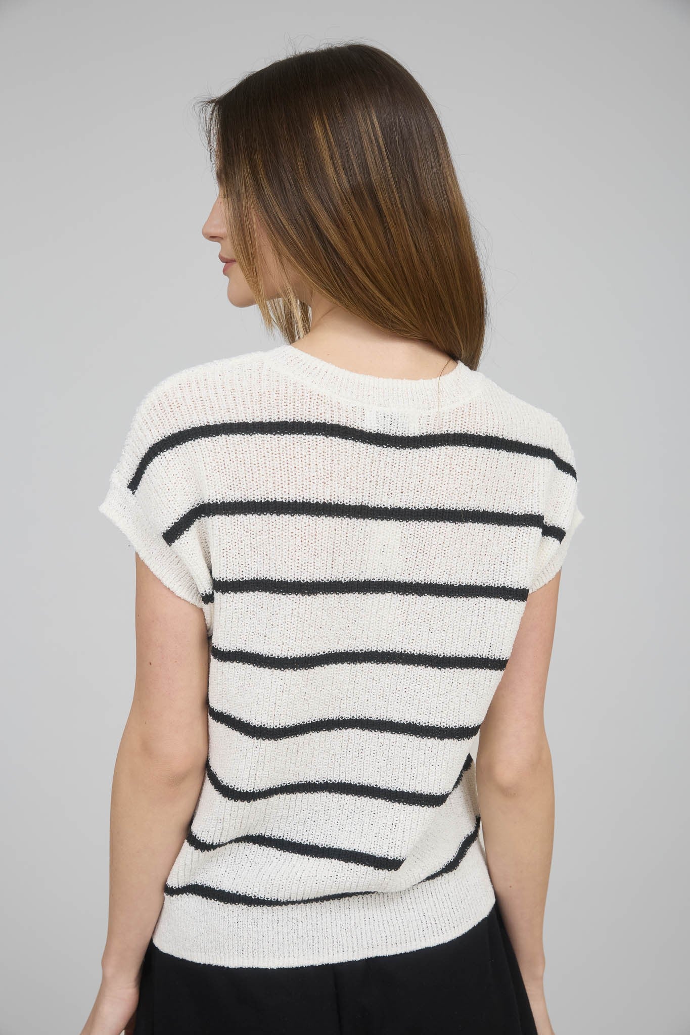 Black Stripe Extended Shoulder Short Sleeve Knit Sweater
