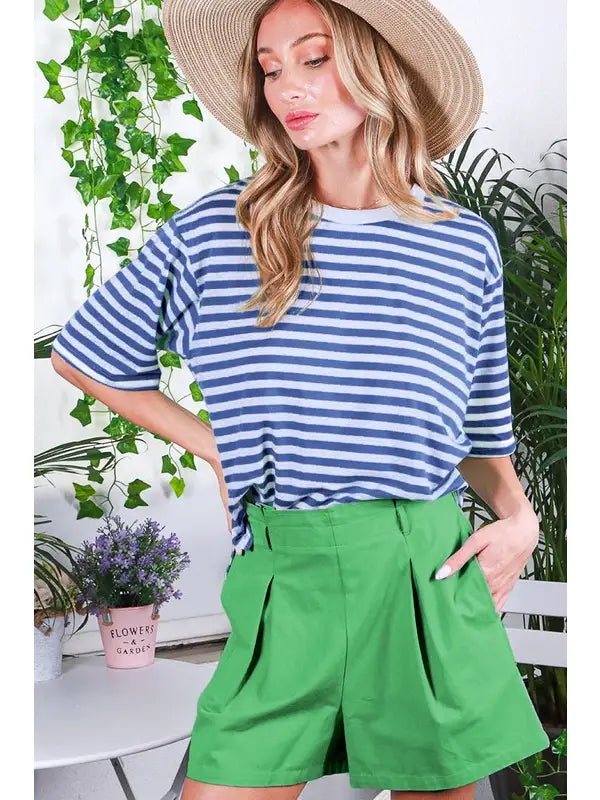 Blue Crew Neck Short Sleeve Striped Knit T-Shirt Top