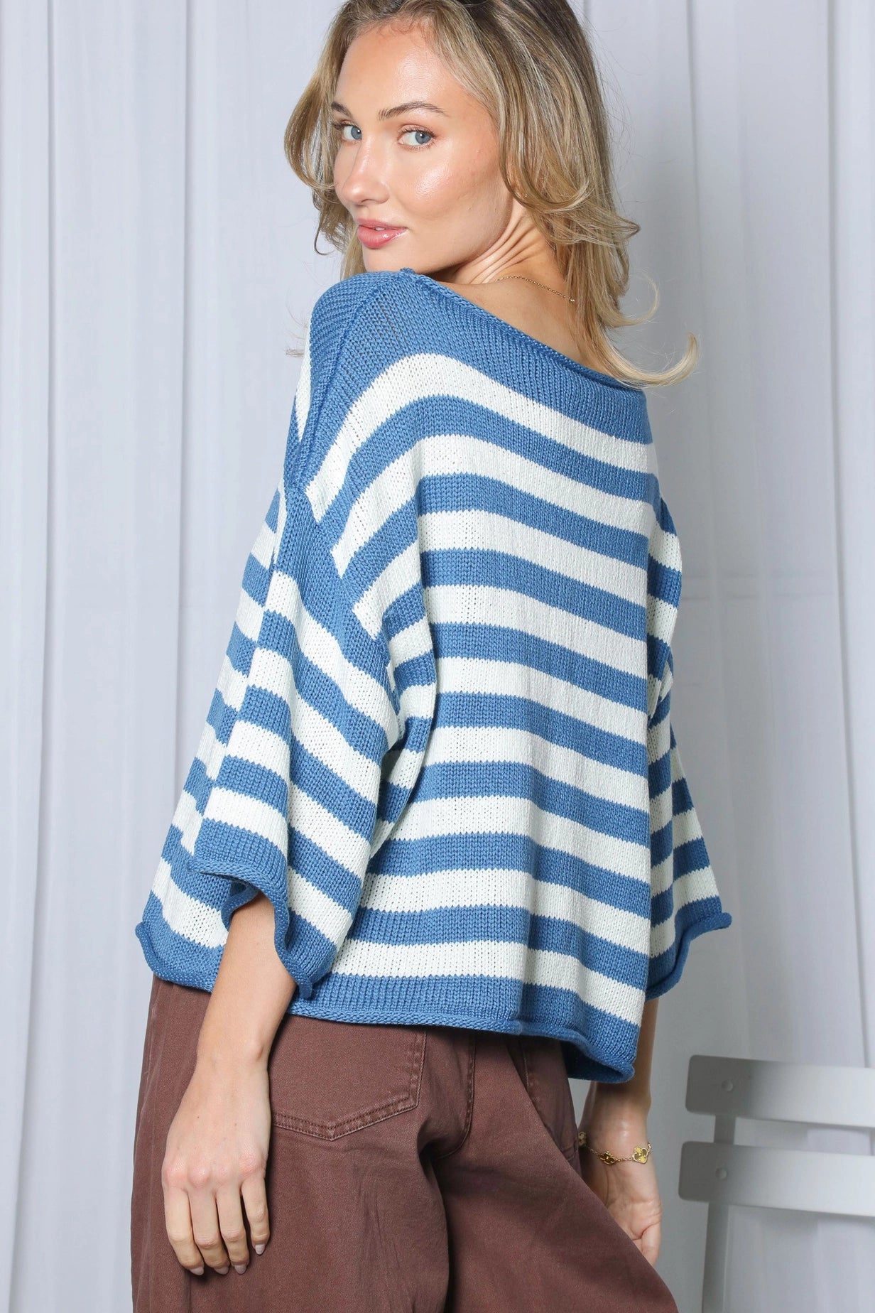 Blue Striped Boatneck Short Sleeve Knitted Sweater