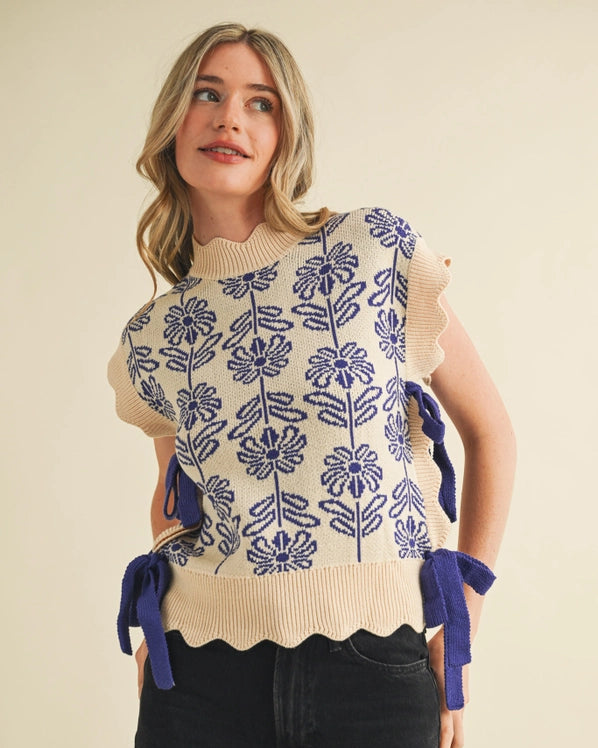 Mock Neck Royal Blue Floral Sweater Vest