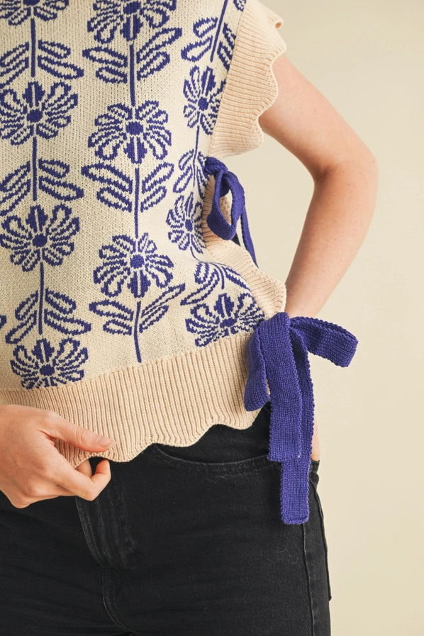 Mock Neck Royal Blue Floral Sweater Vest