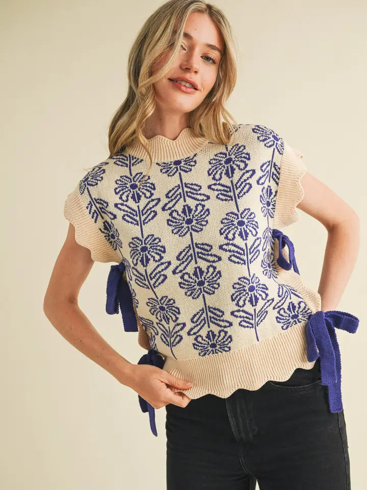 Mock Neck Royal Blue Floral Sweater Vest