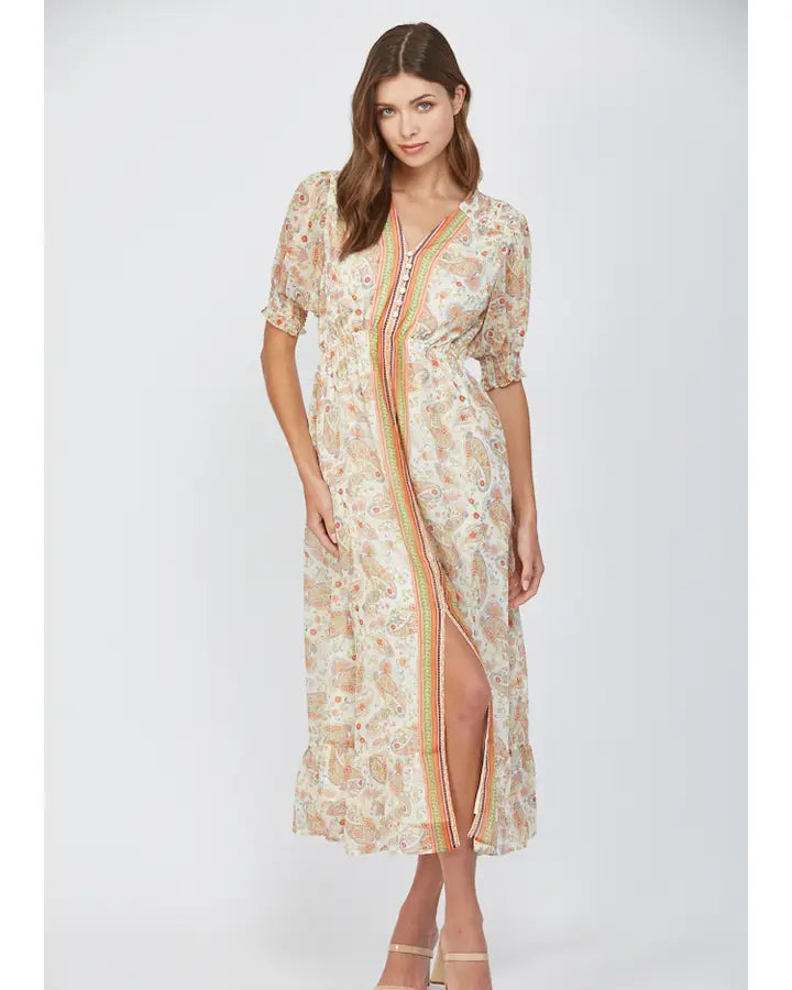 Border Print Tie V-Neck Maxi Dress