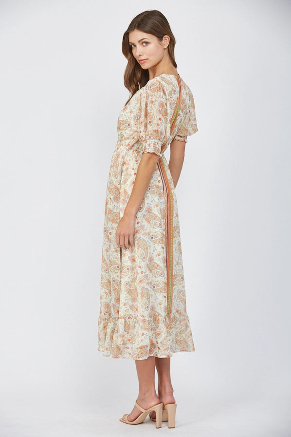 Border Print Tie V-Neck Maxi Dress