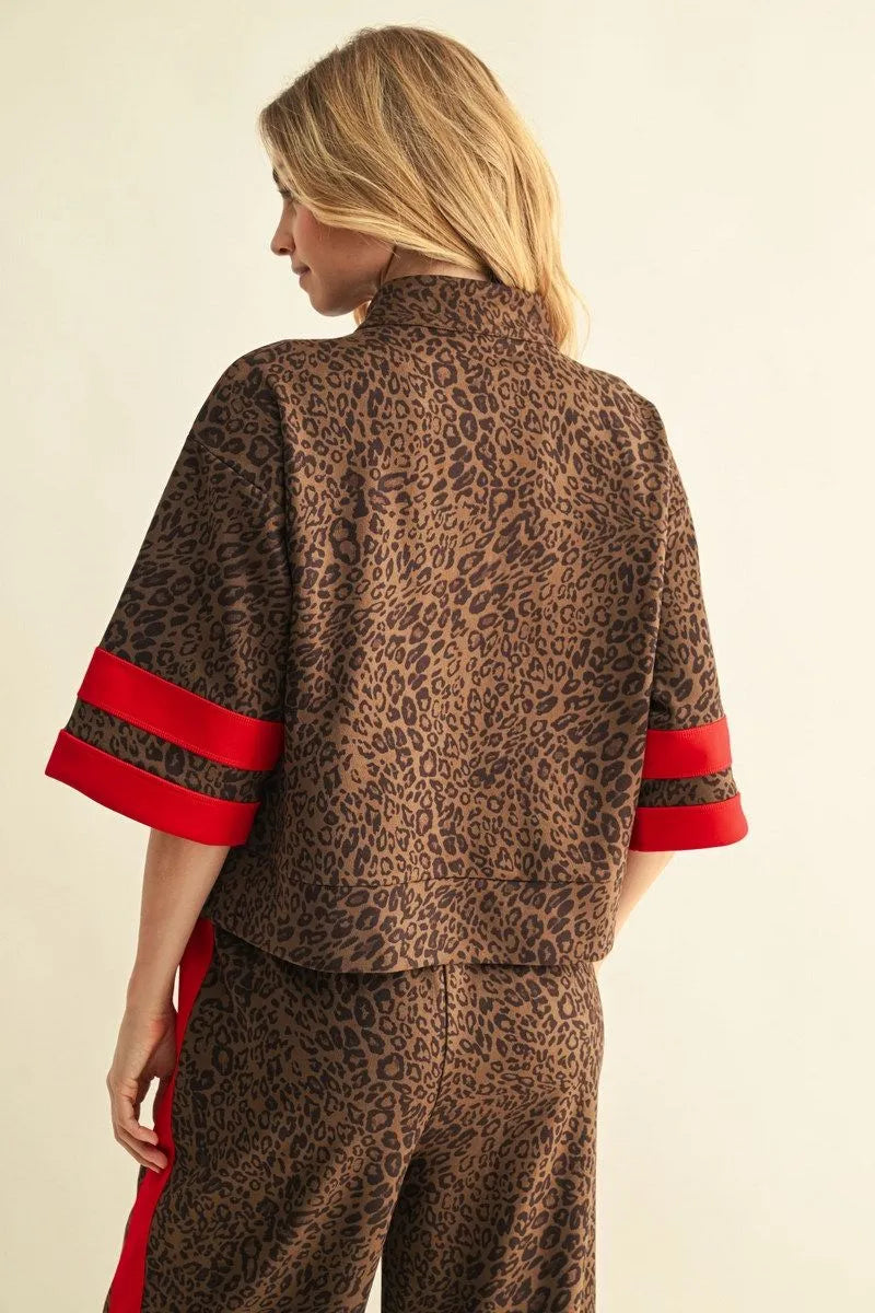 Red and Leopard half zip faux suede top