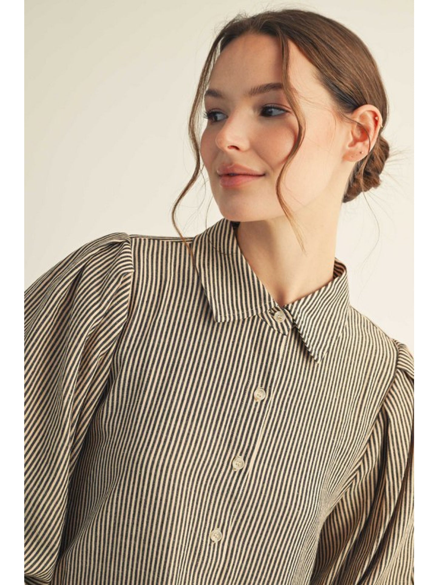 Light Taupe Striped Button Top