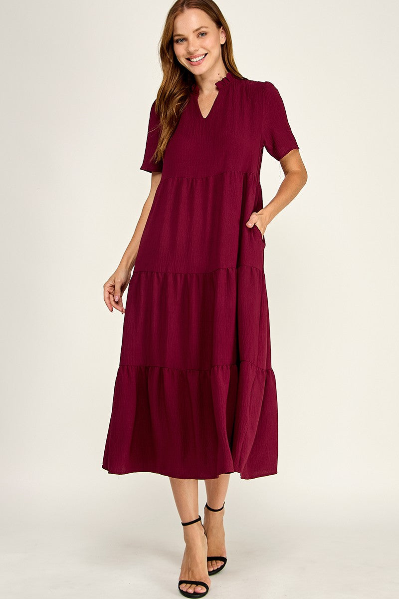 Burgundy Ruffled neck maxi dress
