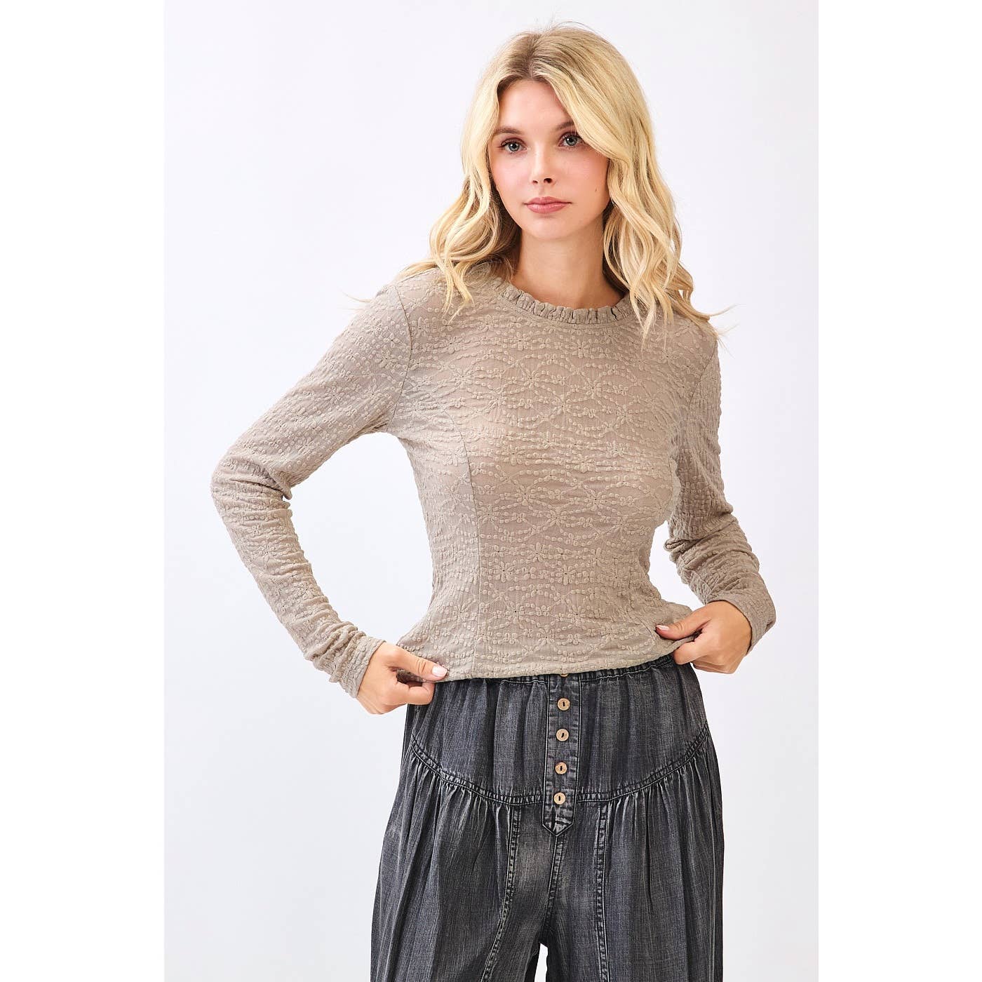 Bone Lace Long Sleeve Ruffle neck layering top