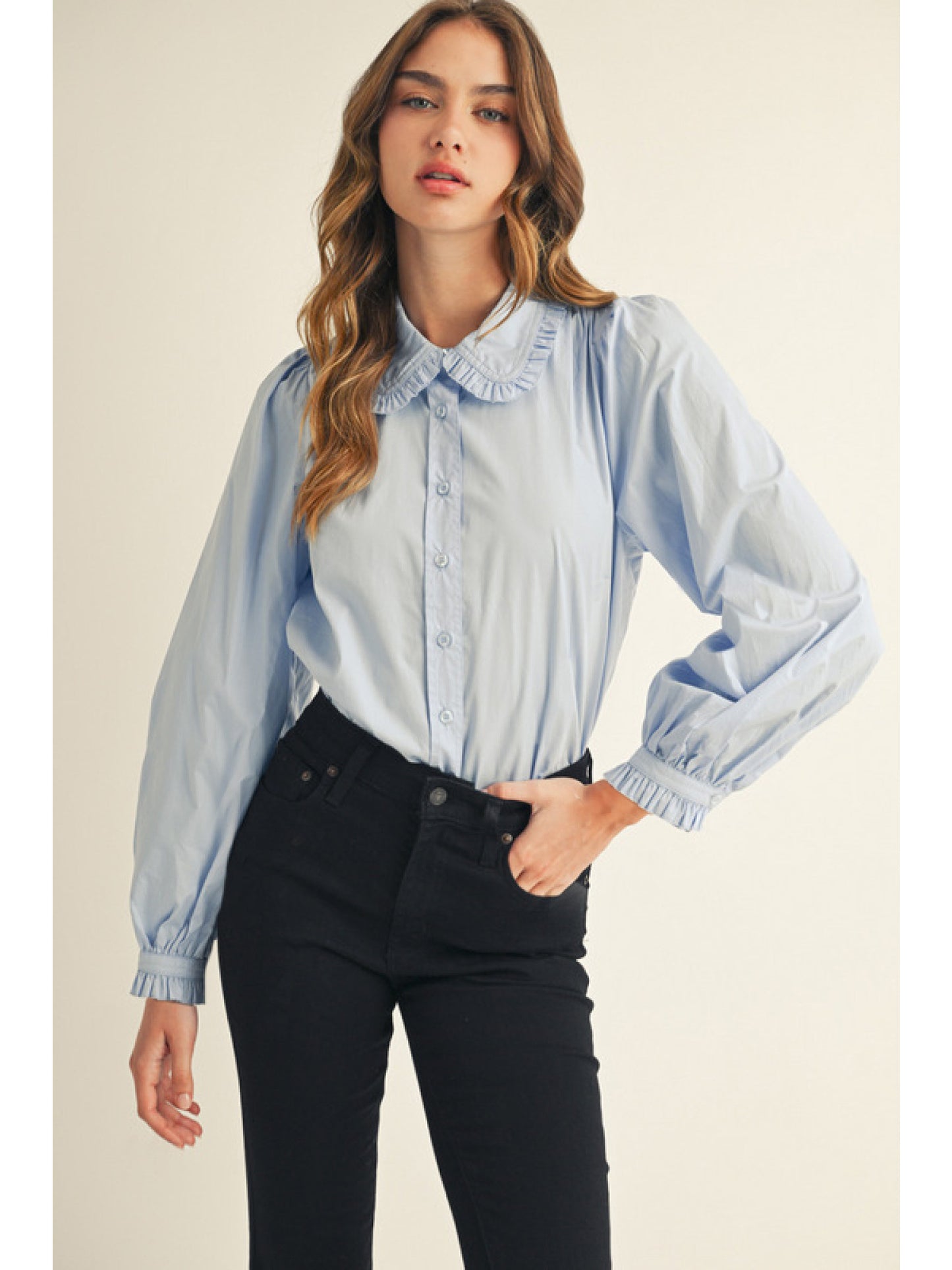 Chambray Ruffle Cuffed Long Sleeve Top