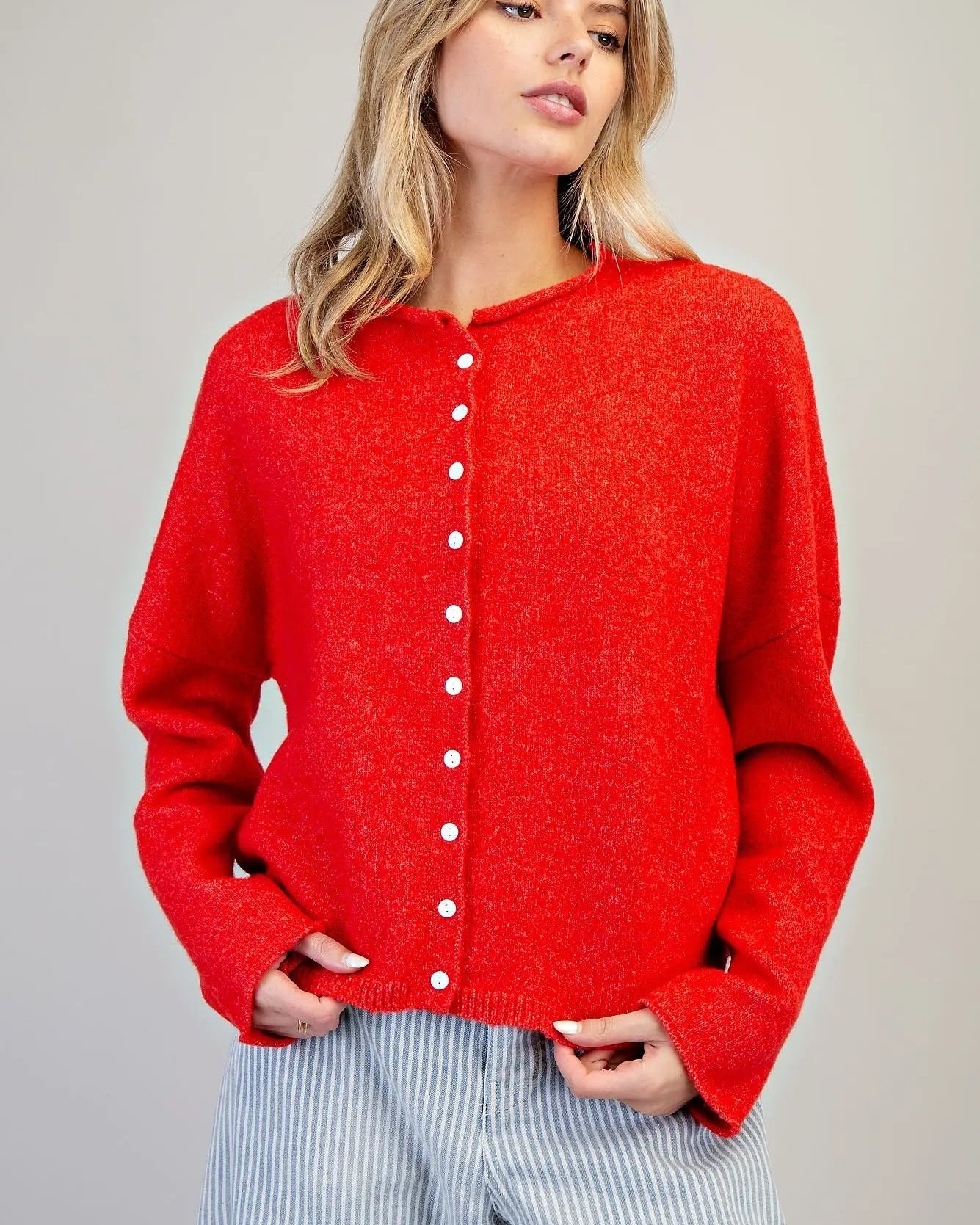 Red Pop Solid Button Down Cardigan