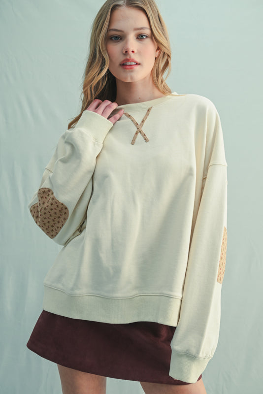 Floral Elbow Patch Contrast Pullover