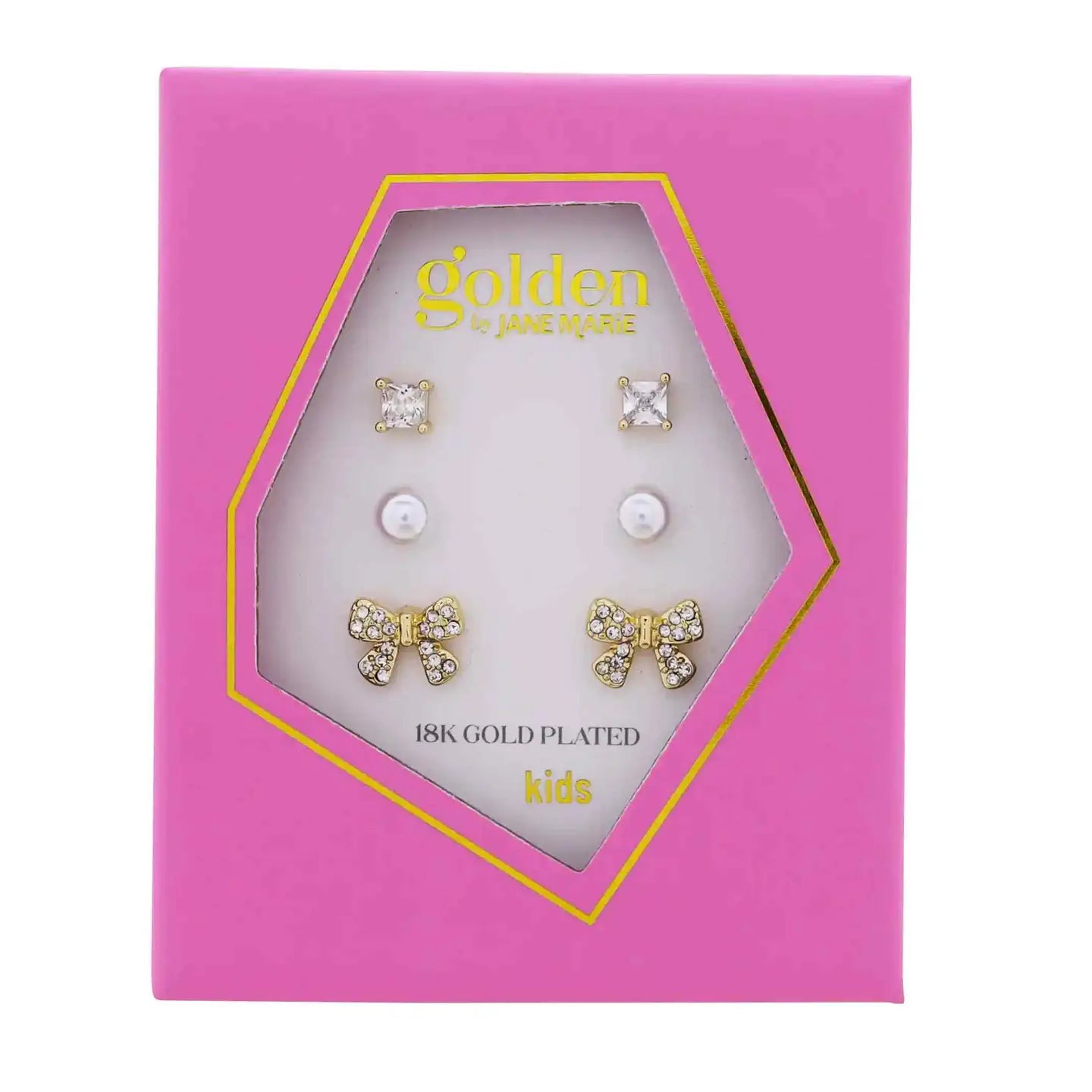 Kids Gold Set of 3, Clear Crystal Square, Pearl, Crystal Bow