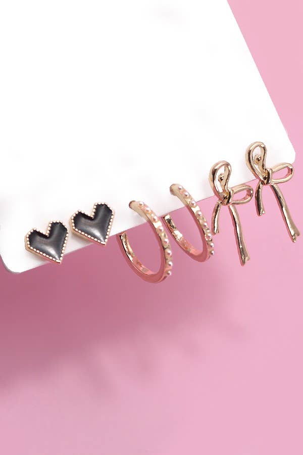 Trio Bow Hoop Heart Earring Set