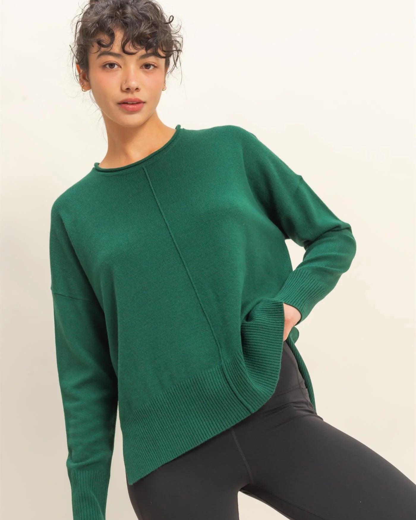 Hunter Green Roll Neck Drop Shoulder Sweater