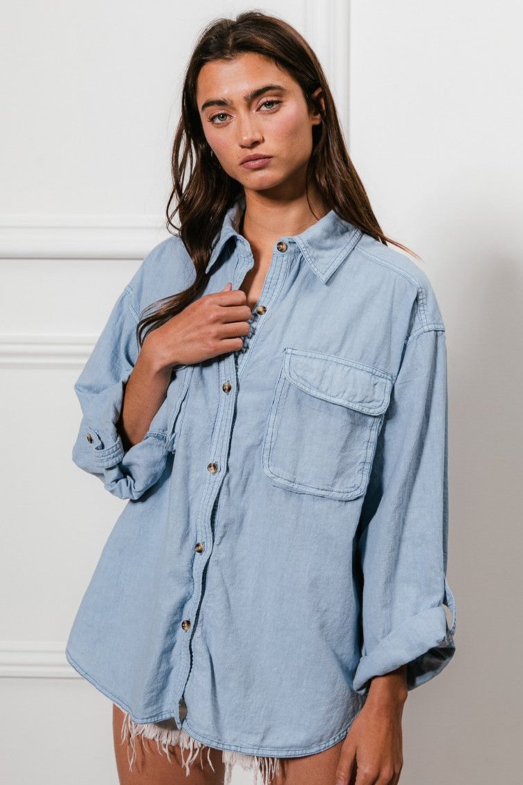 Denim linen blended double pocket top
