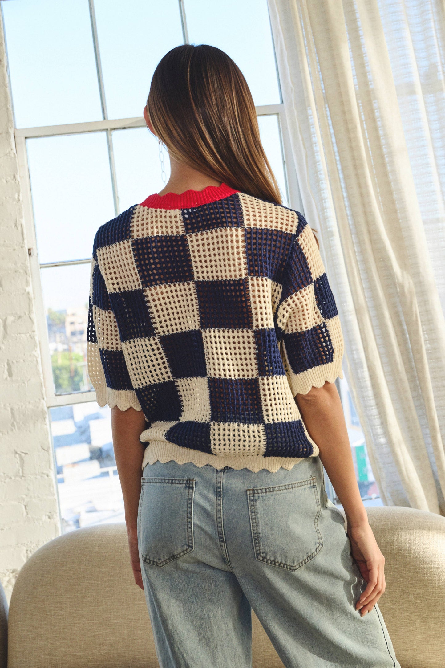 Navy Checked Short-sleeve Knit Top