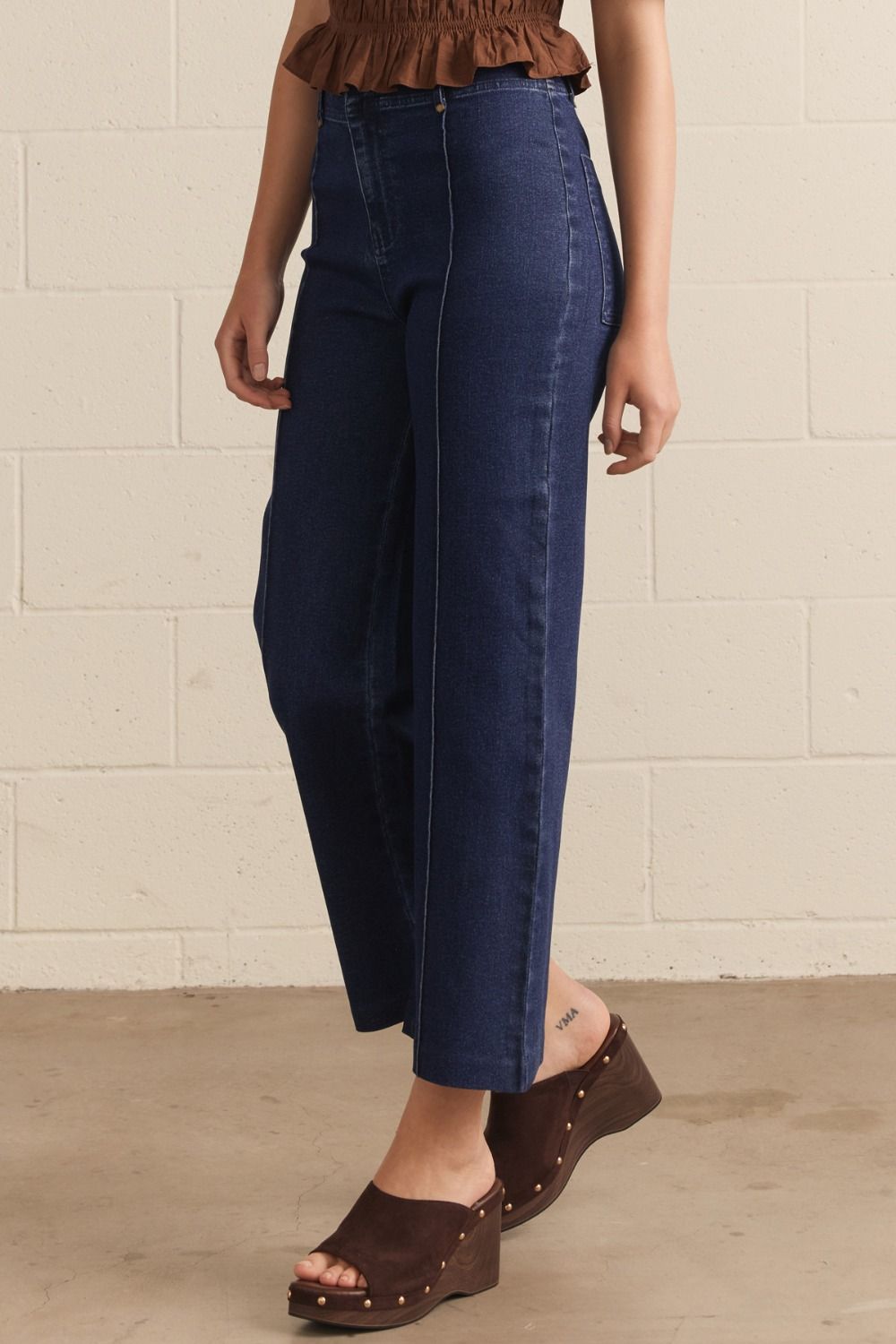 Dark Denim High Rise Pant Front seam detail