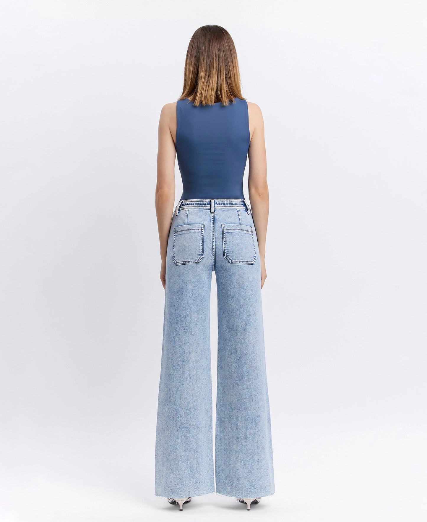 High Rise Drawstring Waistband Wide Leg Jeans