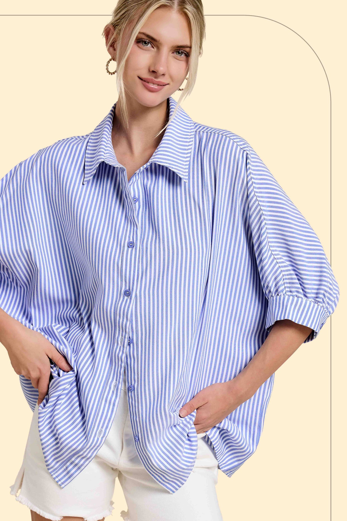 Gray Relaxed Striped 3/4 Sleeve Button Down Shirt Fall