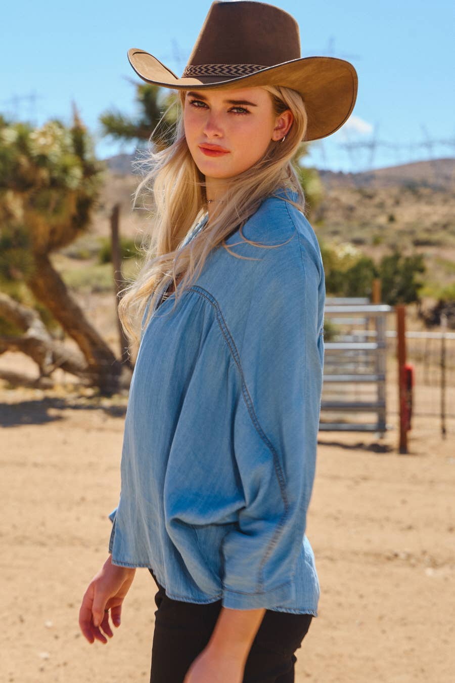 Plus Chambray Denim V-neck Button Down Shirt