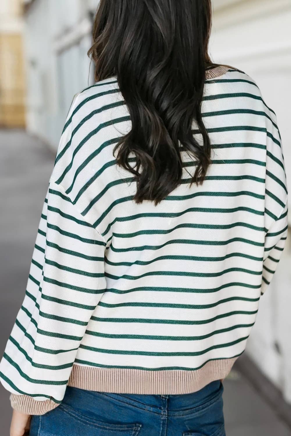 Green Stripe Twisted Ribbed Patchwork Loose Sweatshirt