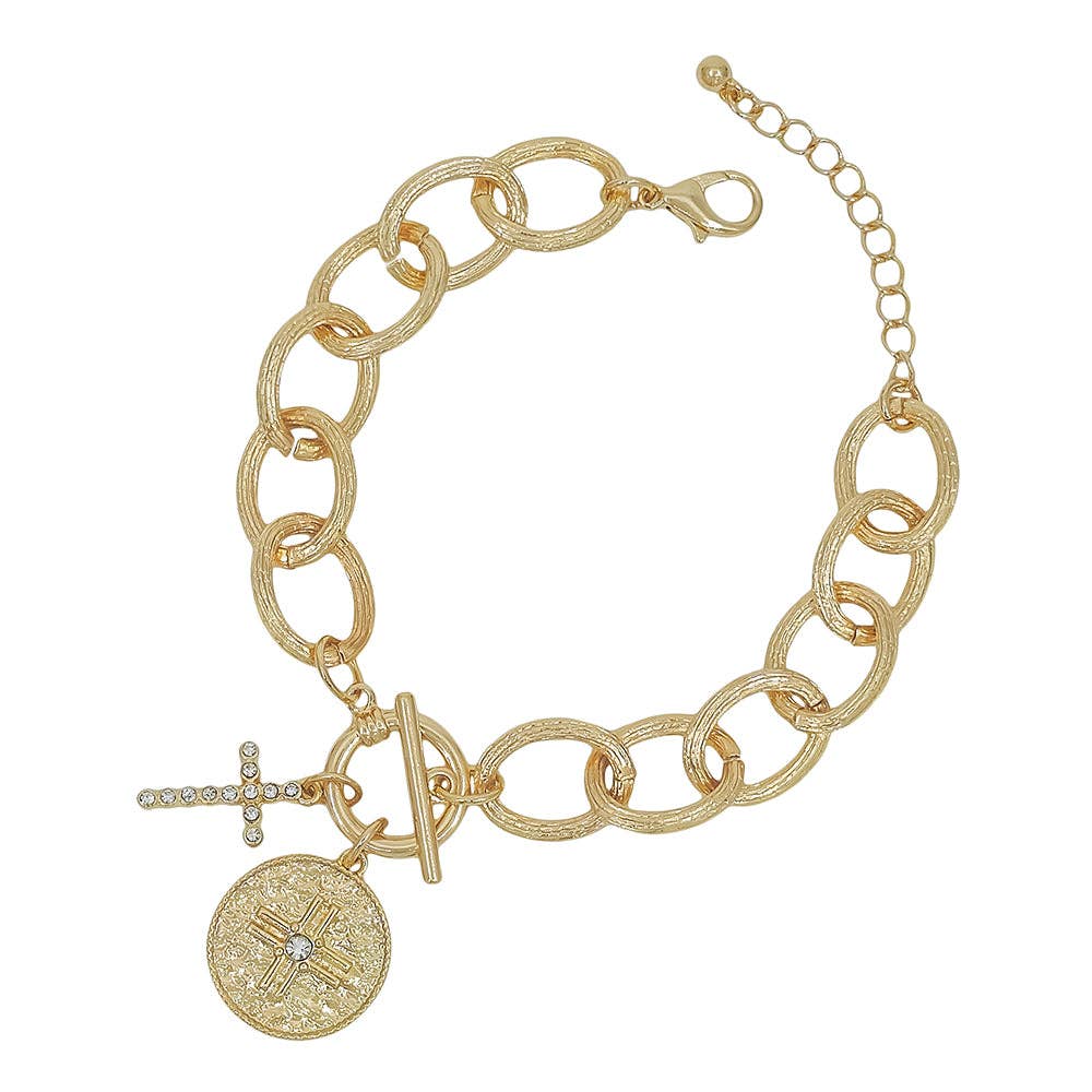 Chunky Gold Chain with Rhinestone and Coin Cross Charms 7.5" Bracelet w/ Extender