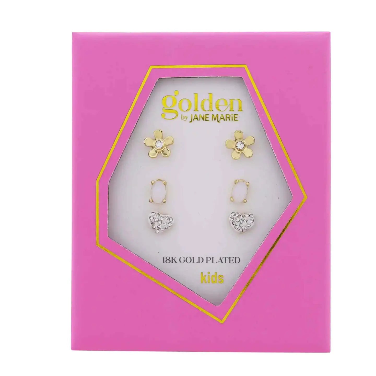 Kids Gold Set of 3, Flower, Opal Oval, White Hear