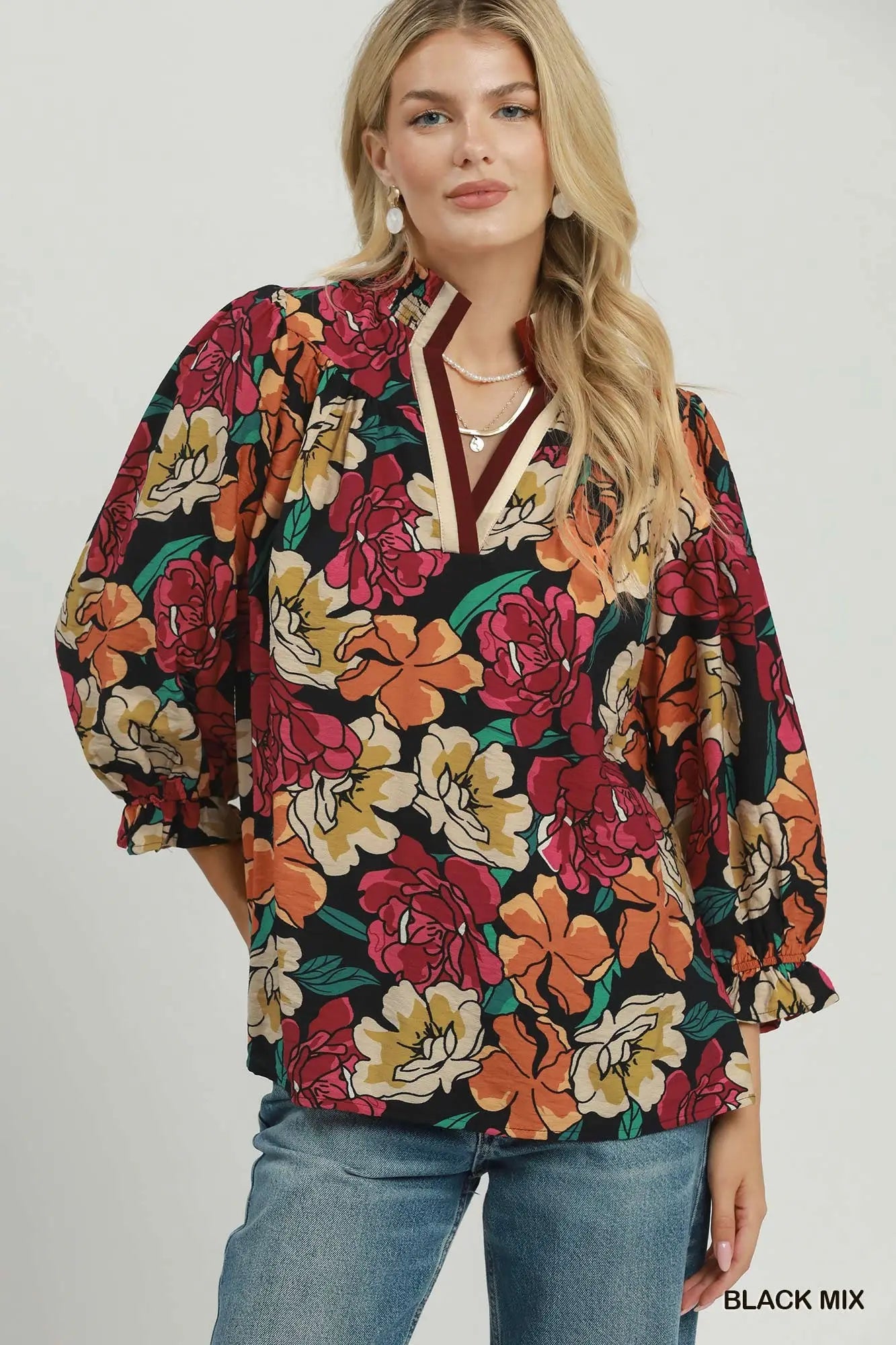 Green Floral Print Ruffle Sleeve Top