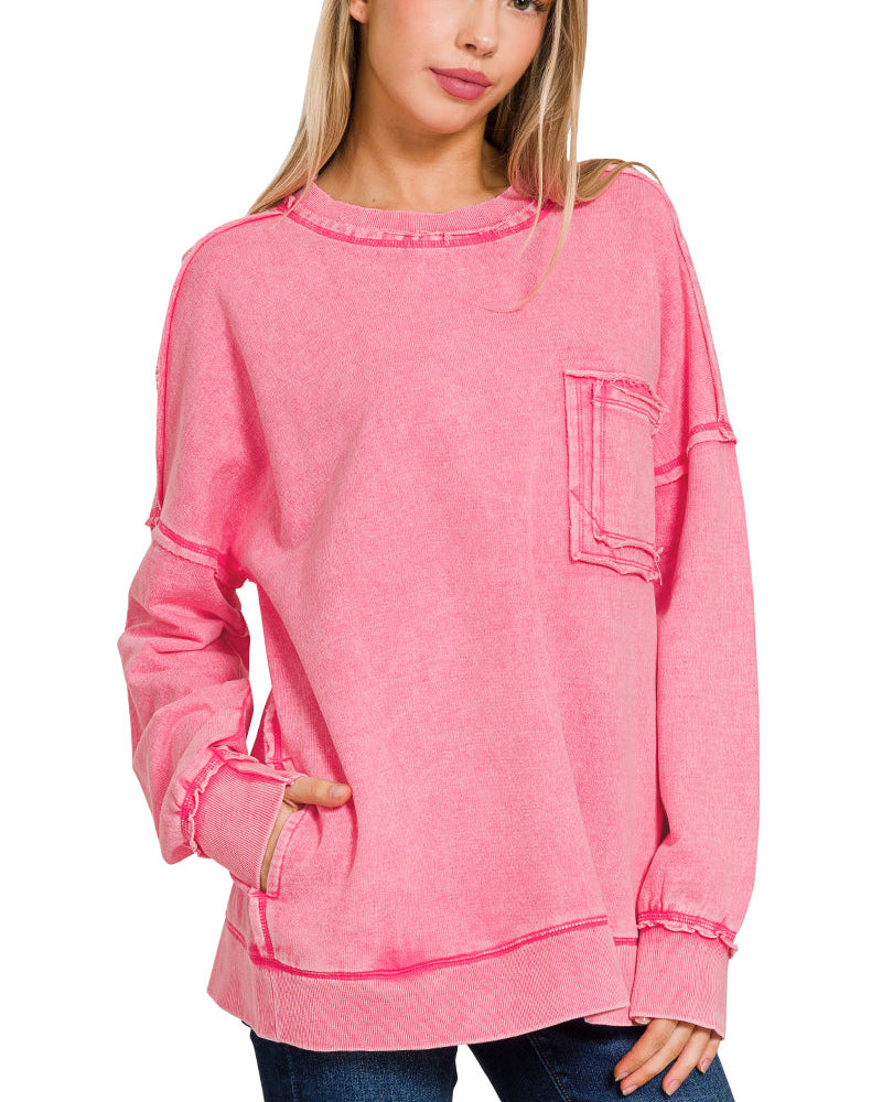 Pink Acid Wash Raw Edge Oversized Pullover