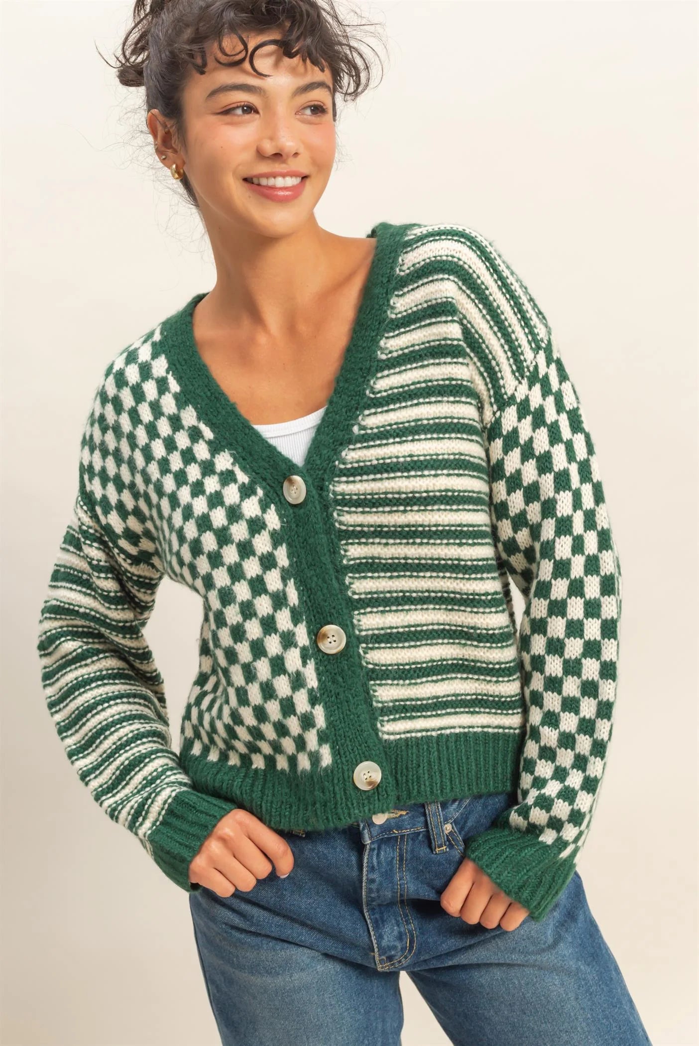 Green Checker And Stripe Contrast Knit Cardigan Sweater