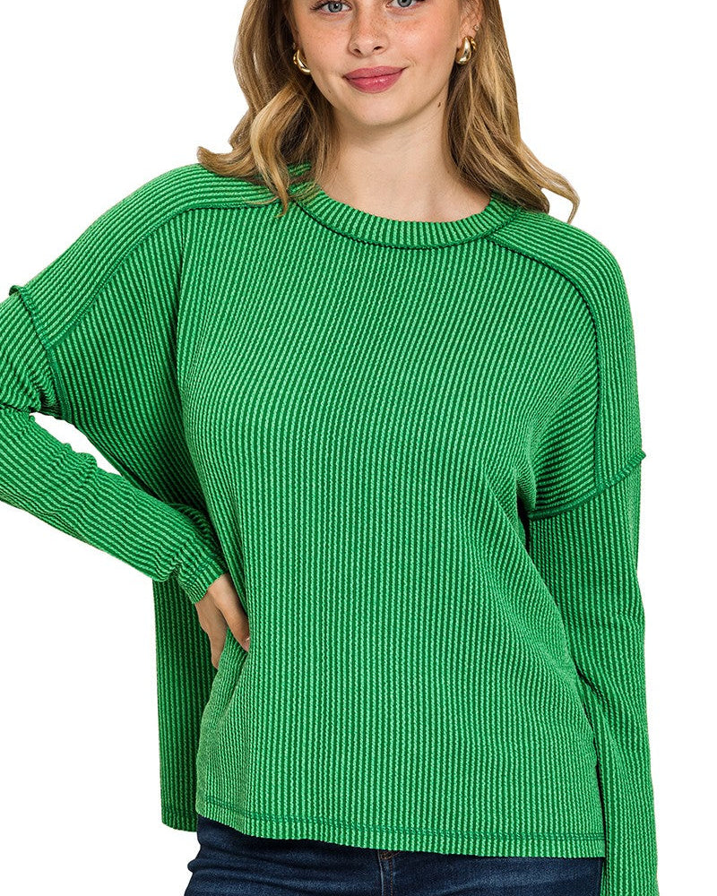 Kelly Green Ribbed Long Sleeve Top