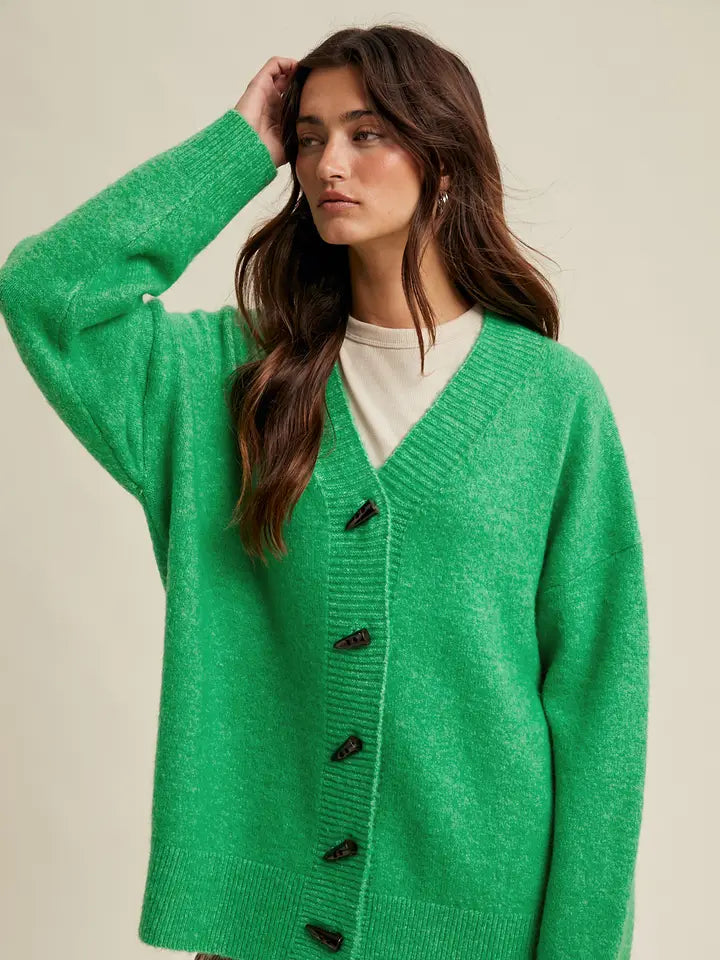 Green Brushed toggle button sweater cardigan