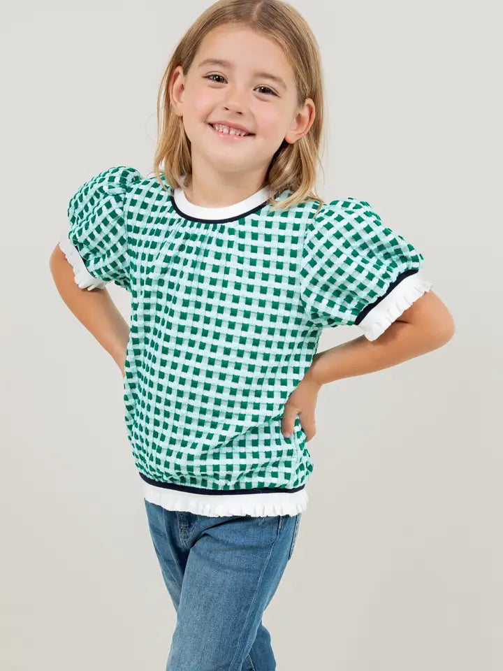 Girls Green Puff Sleeve Checkered Print Top