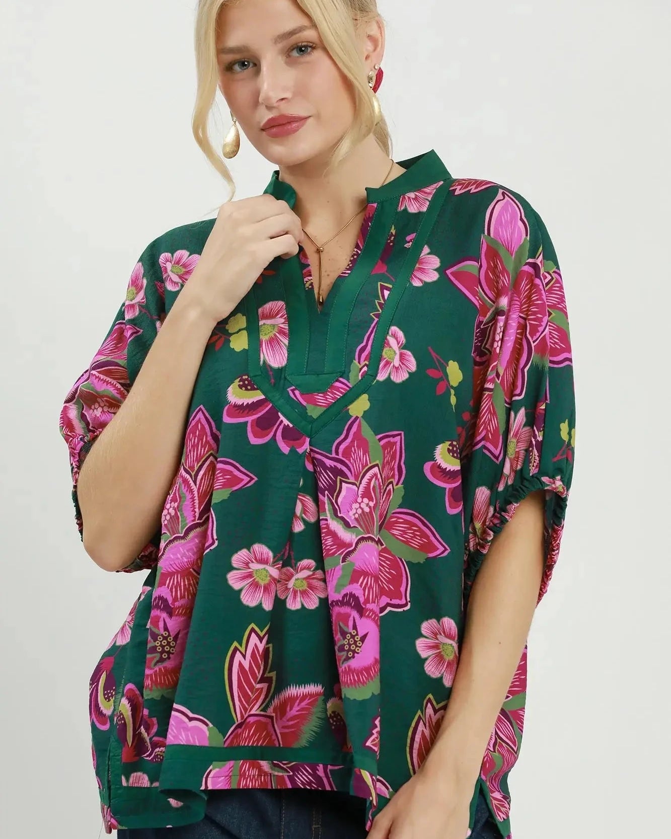 Green and pink floral relaxed fit top