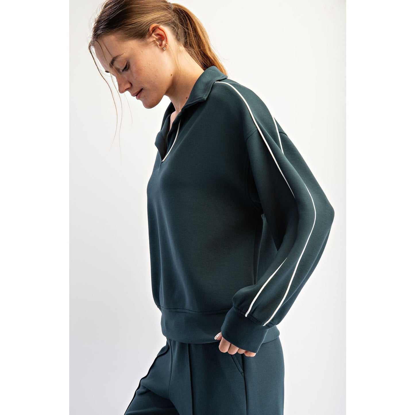 Midnight Green Modal Scuba Double Piping Polo Top