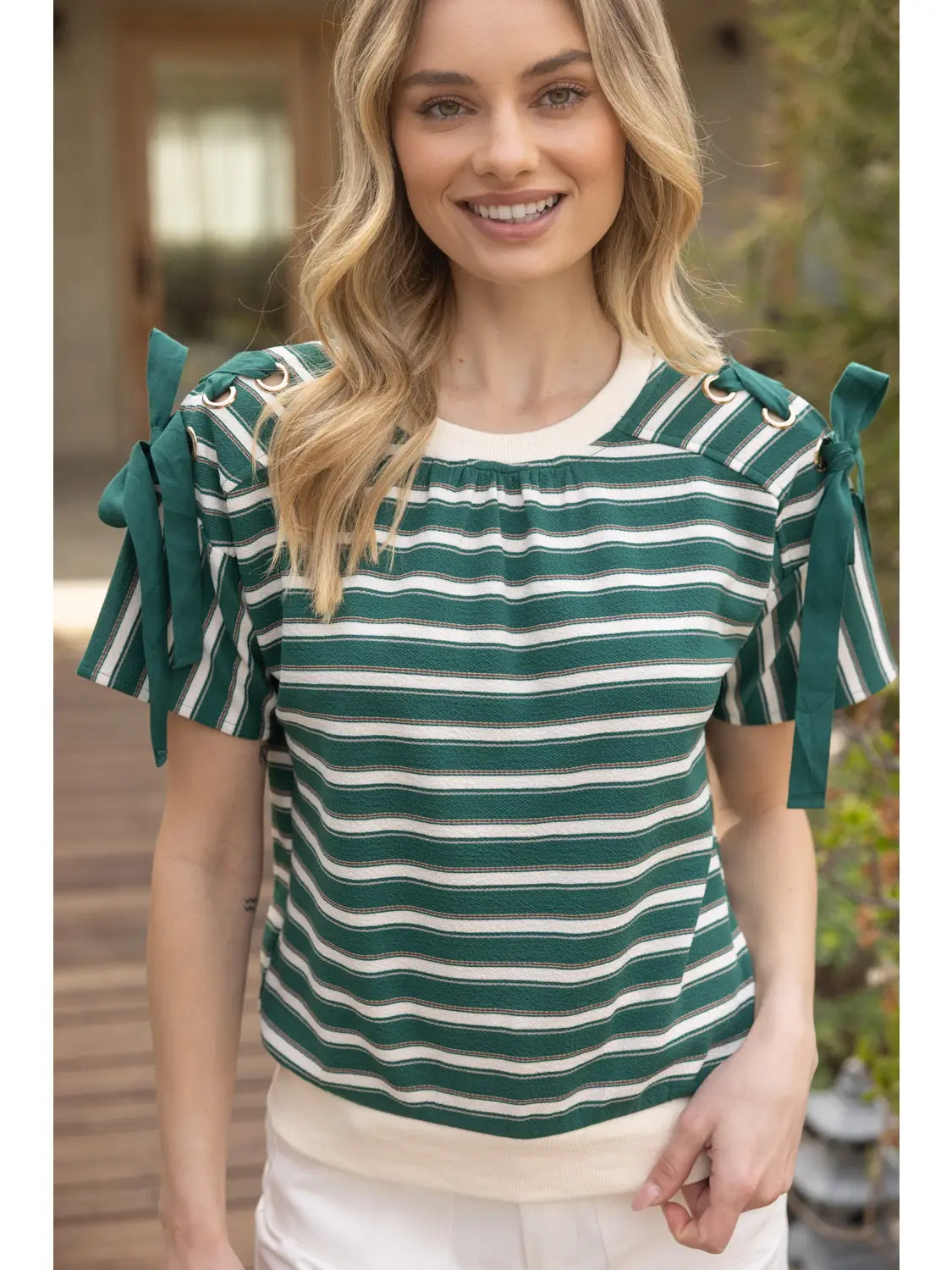 Green Lace Up Grommet Detail Striped Knit Top