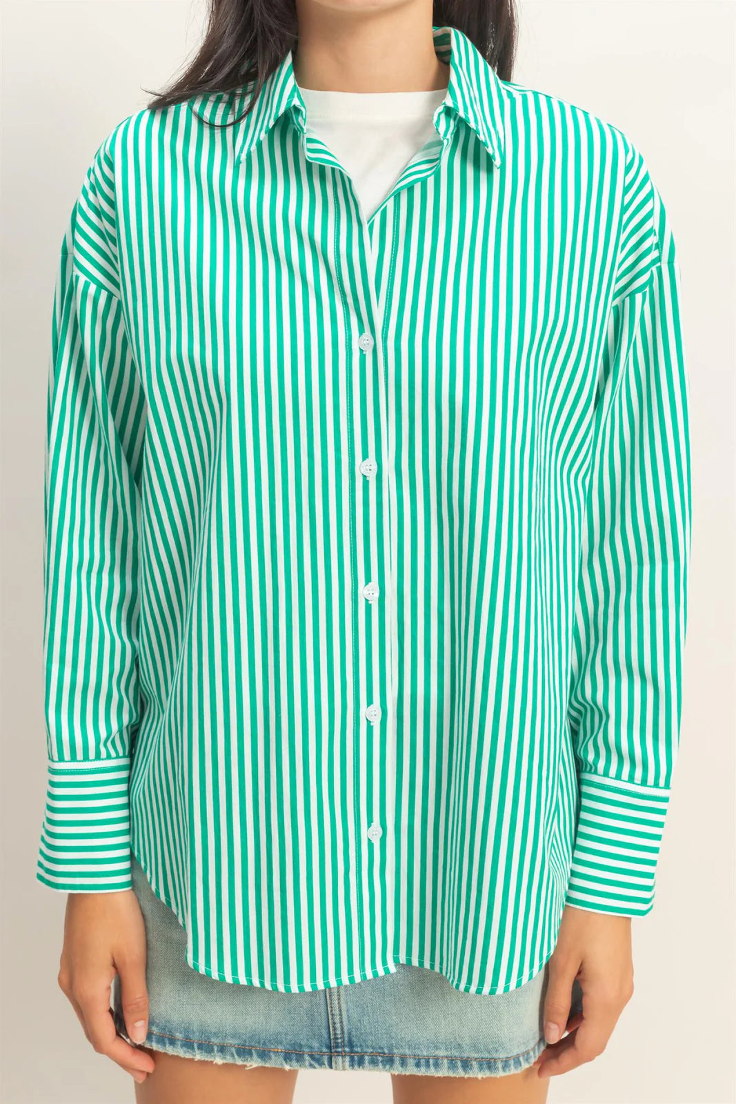 Green Striped Button-Up Poplin Shirt