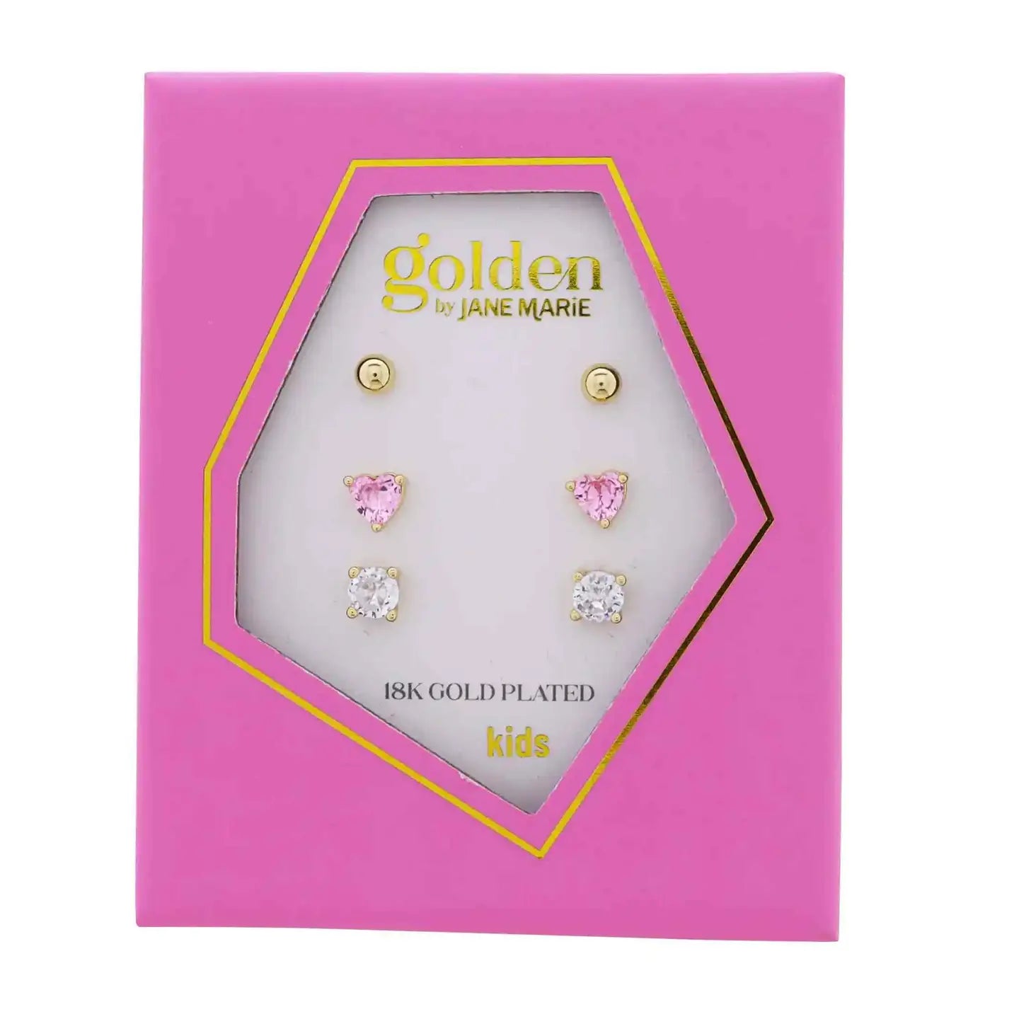 Kids Gold Set of 3, Gold Ball, Pink Crystal Heart, Clear