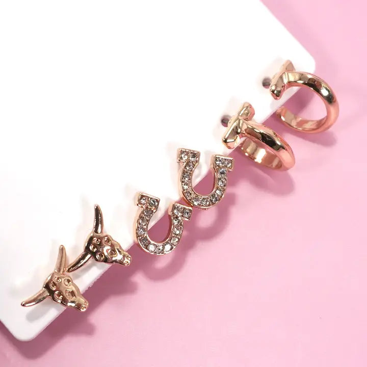 Trio Western Horseshoe Bull Earrings Set