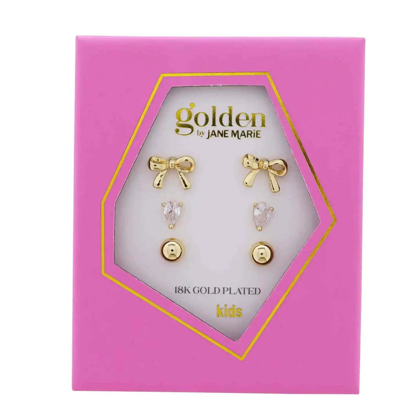 Kids Gold Set of 3, Gold Bow, Clear Crystal Teardrop, Gold