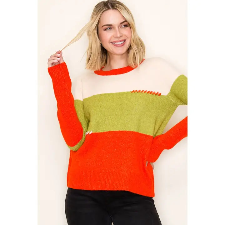 Color Blocked Pullover Sweater Orange/Lime