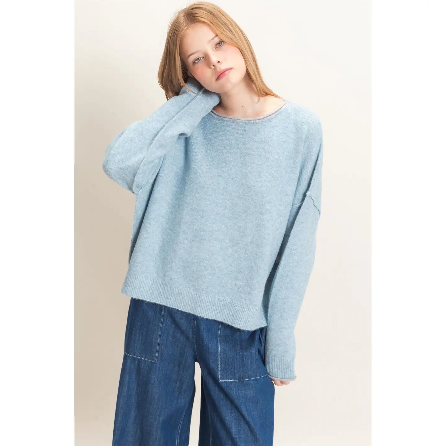Light Blue Relaxed Wide Neck Knit Sweater