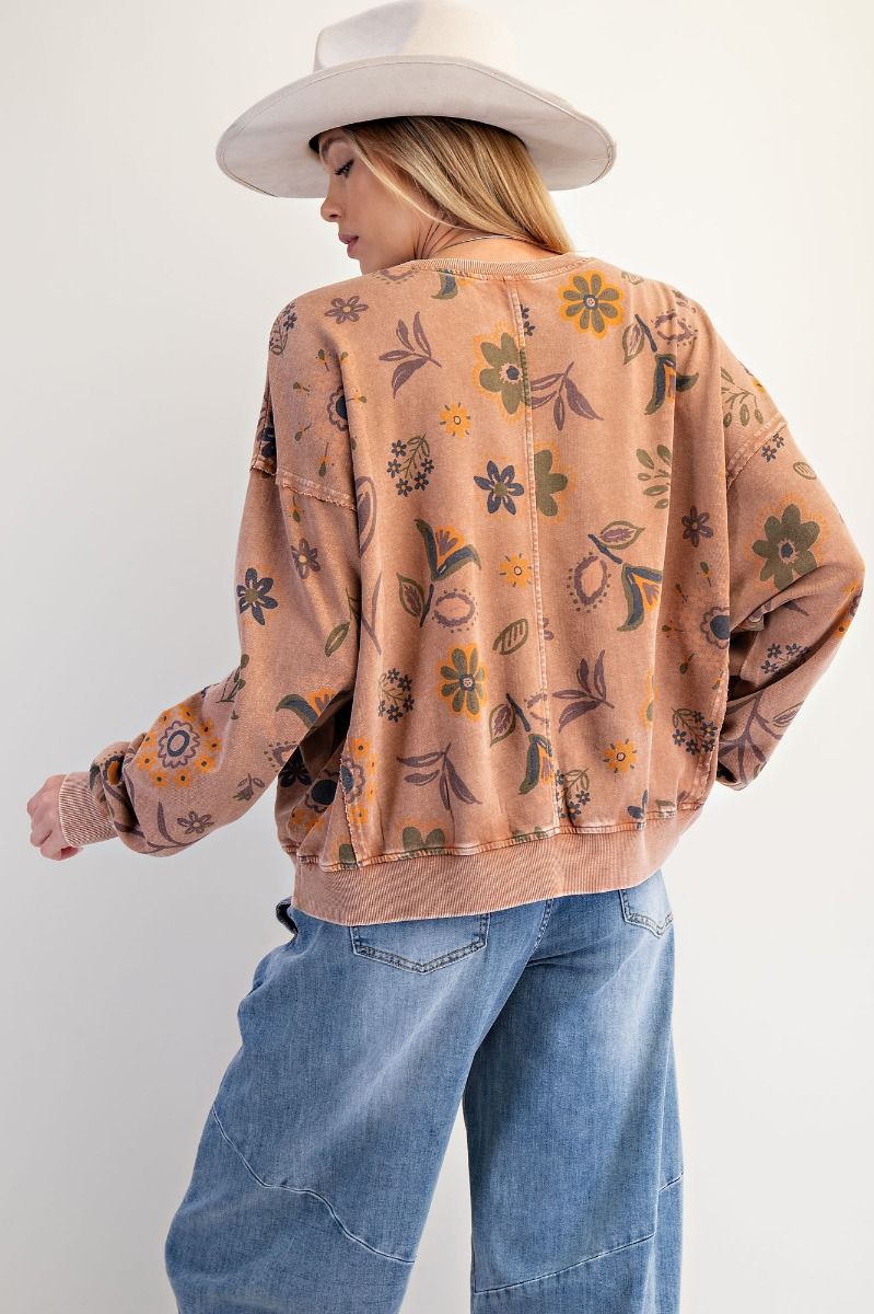 Mocha Floral Print Washed Pullover
