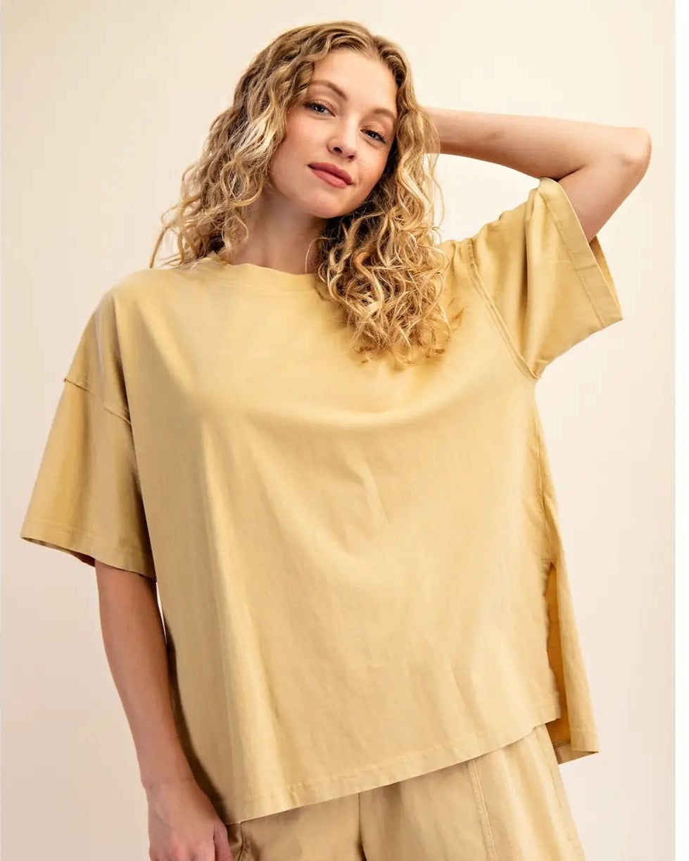 Mustard Mineral Washed Cotton Oversized Slit Tee