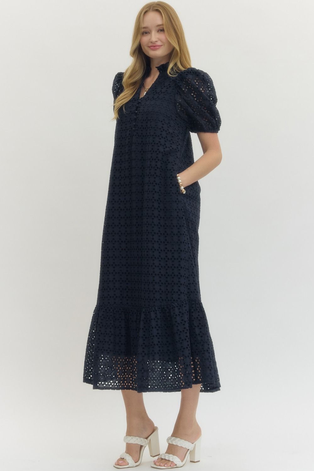 Navy eyelet short sleeve midi dress