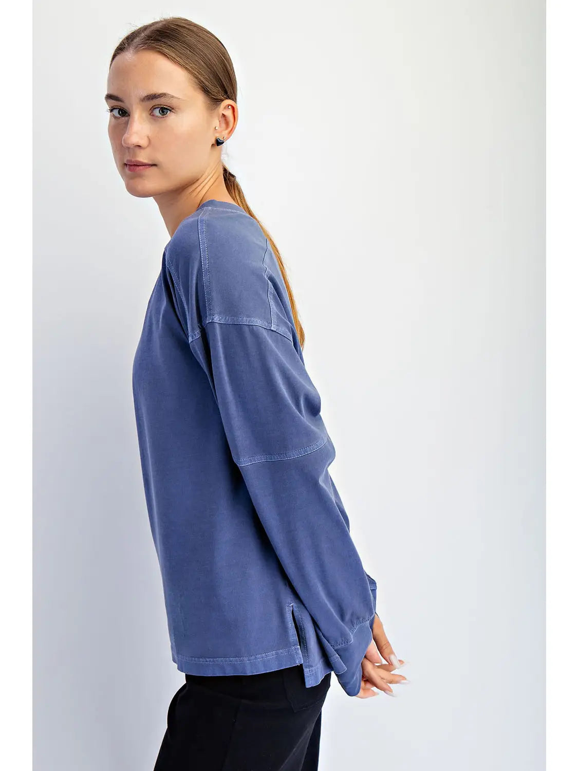 Navy Pigment Washed Cotton V-Neck Top