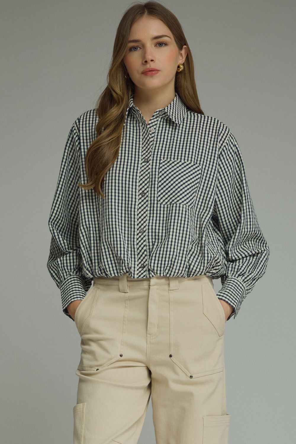 Navy gingham elasatic hem top