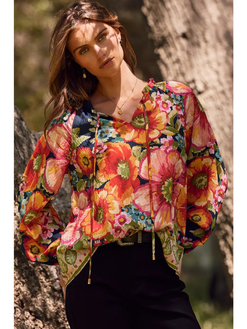 Navy Floral Border Printed Blouse