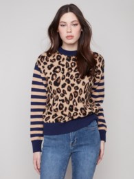 Leopard Crew neck sweater with striped sleeves
